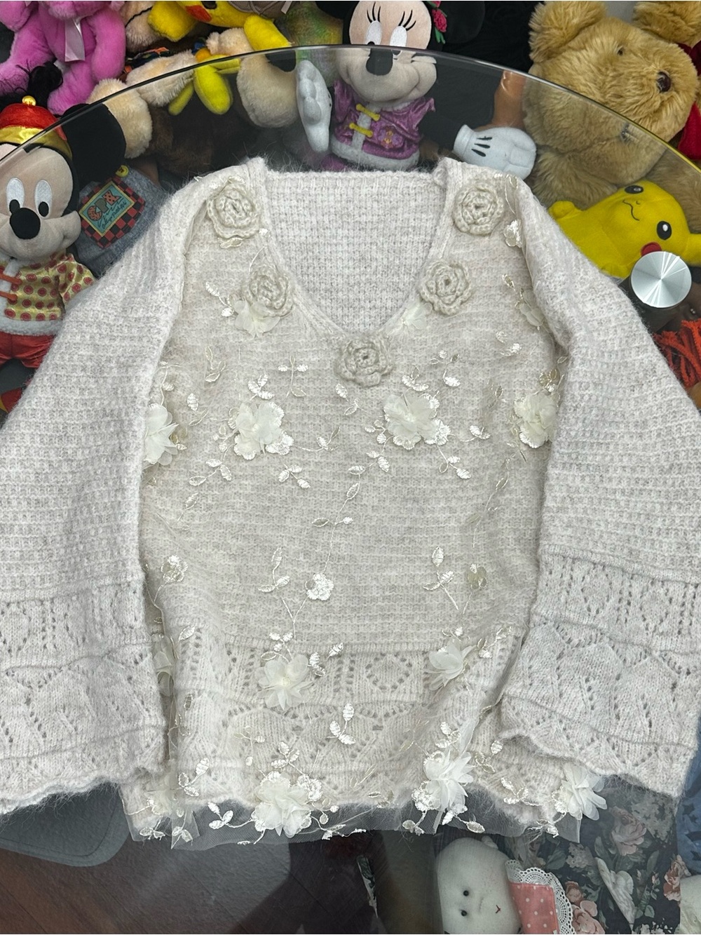 Ivory Floral Appliqué V-Neck Sweater